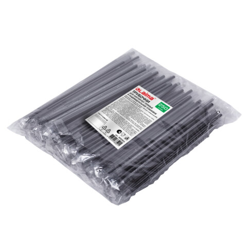 Трубочки для коктейлей прямые в индивидуальной упаковке, 8х240 мм, черные КОМПЛЕКТ 250 штук, LAIMA, 