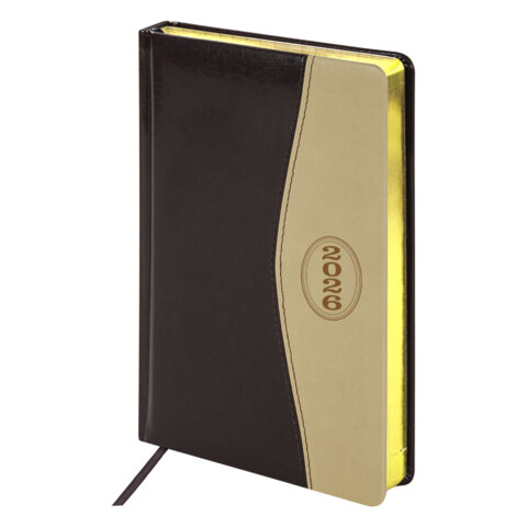 Ежедневник датированный 2026 А5 138x213мм BRAUBERG De Luxe, под кожу, коричневый/бежевый, 117053