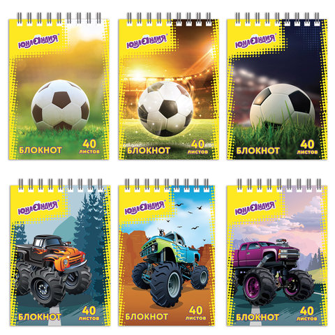 Блокнот МАЛЫЙ ФОРМАТ (75х105 мм) А7, 40 л., гребень, картон, клетка, ЮНЛАНДИЯ, "МОНСТР-ТРАК"/"ФУТБОЛ