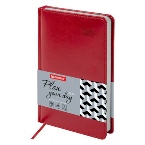 Ежедневник датированный 2026 А5 138x213мм BRAUBERG Rainbow, под кожу, красный, 117077