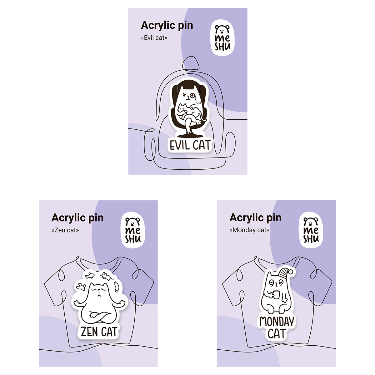Набор акриловых значков MESHU "Such different cats", прямая УФ-печать, 3шт.