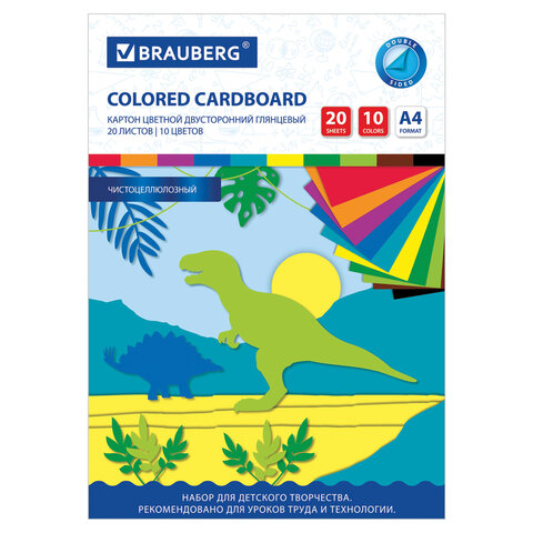 Картон цветной А4 2-сторонний МЕЛОВАННЫЙ EXTRA, 20 листов, 10 цветов, в папке, BRAUBERG, 200х290 мм,