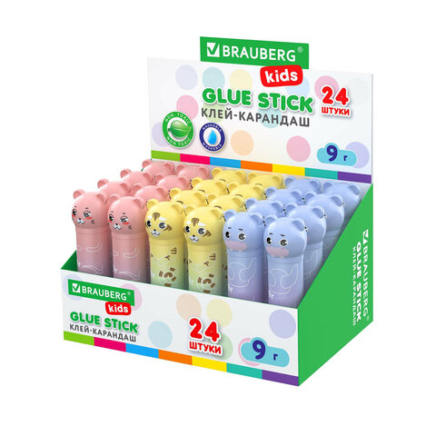 Клей-карандаш "Пастельные зверята: мышка, тигр, бегемот", 9 г, фигурный колпачок, BRAUBERG KIDS, 271