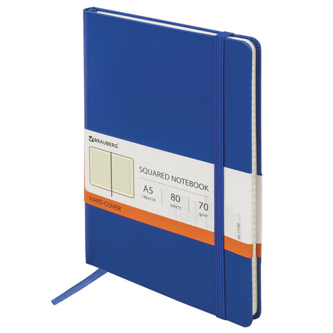 Блокнот А5 (148х218 мм), BRAUBERG "Metropolis", балакрон, резинка, 80 л., синий, 111582