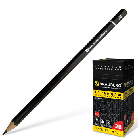 Карандаш чернографитный BRAUBERG, 1 шт., "Touch line", 2В, без резинки, корпус черный, заточенный, 1