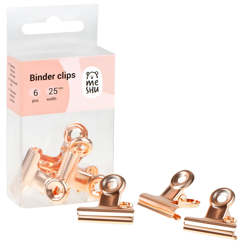Зажимы-бульдоги для бумаг 25мм, Meshu "Rose Gold", 6шт., бокс с европодвесом