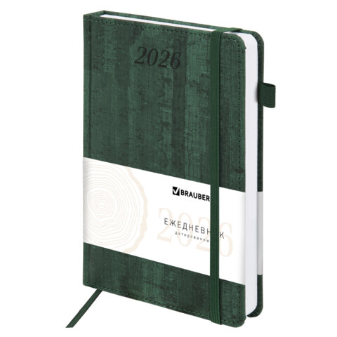 Ежедневник датированный 2026 А5 138x213мм BRAUBERG Wood, под кожу, держатель для ручки, зеленый, 117