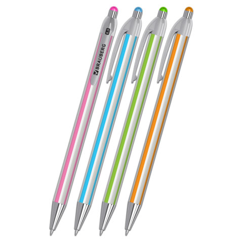 Ручка шариковая автоматическая BRAUBERG "Stripes", СИНЯЯ, корпус ассорти, пишущий узел 0,5 мм, линия