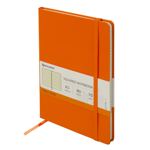 Блокнот А5 (148х218 мм), BRAUBERG "Metropolis", балакрон, резинка, 80 л., оранжевый, 111584