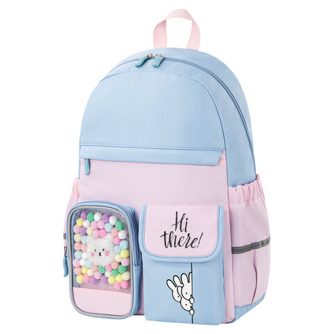 Рюкзак BRAUBERG PASTEL с термо-нашивками в комплекте, "Friendly bunnies", голубой, 40х29х14 см, 2714