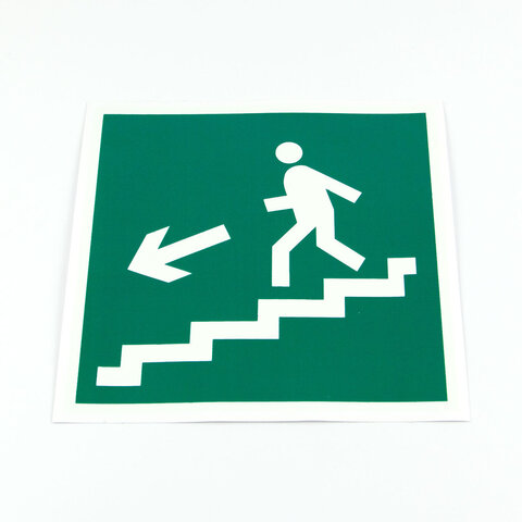 Знак "Направление к эвакуационному выходу по лестнице вниз, налево", КОМПЛЕКТ 5 штук, 200х200 мм, фо