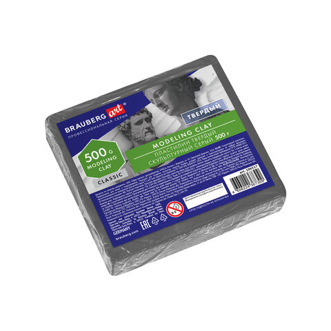 Пластилин скульптурный BRAUBERG ART CLASSIC, серый, 0,5 кг, твердый, 106517