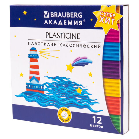 Пластилин классический BRAUBERG "АКАДЕМИЯ ХИТ", 12 цветов, 240 г, стек, ВЫСШЕЕ КАЧЕСТВО, 106423