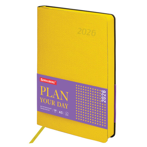 Ежедневник датированный 2026 А5 138x213мм BRAUBERG Stylish, под кожу гибкий, желтый, 117101