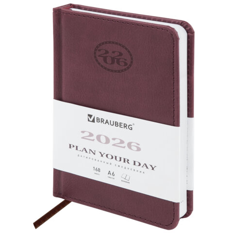 Ежедневник датированный 2026 МАЛЫЙ ФОРМАТ 100х150мм А6, BRAUBERG Favorite, под кожу, коричневый, 117
