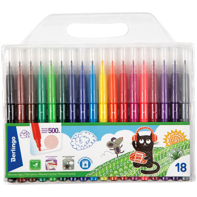 Фломастеры Berlingo "Жил-был кот", 18цв., смываемые, блистер