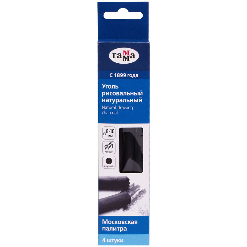 Уголь натуральный Гамма "Московская палитра", ивовый, круглый, Ø 8-10мм, 4шт., картон. упак., европо