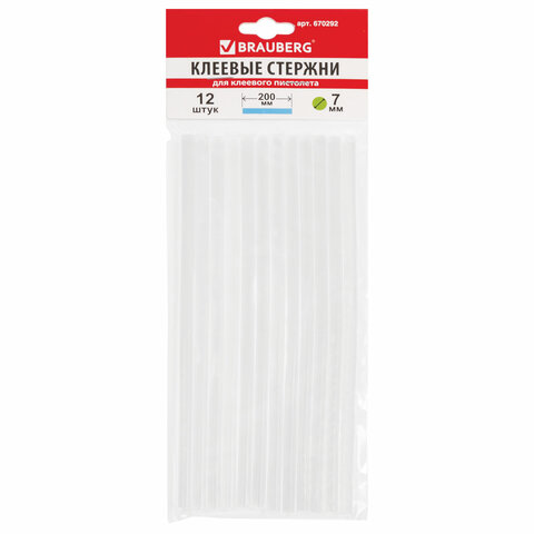 Клеевые стержни, диаметр 7 мм, длина 200 мм, прозрачные, набор 12 шт., BRAUBERG, европодвес, 6702