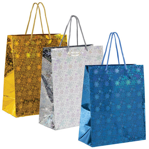 Пакет подарочный новогодний (1 шт.) 26x13x32 см (L), ГОЛОГРАФИЯ ассорти 3 цвета, ЗОЛОТАЯ СКАЗКА, 609