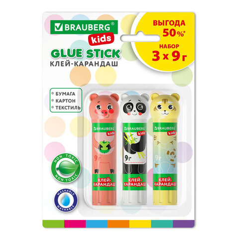 Клей-карандаш "Зверята: хрюшка, тигр, панда", 9 г, фигурный колпачок, 3 шт./блистер, BRAUBERG KIDS,
