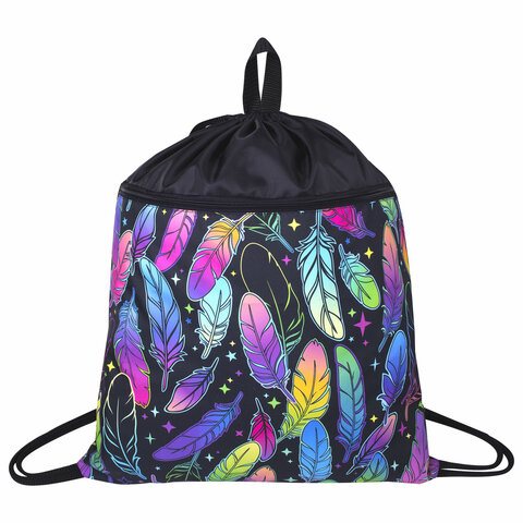 Мешок для обуви BRAUBERG с ручкой, карман на молнии, сетка, 51х41 см, "Feathers", 271057