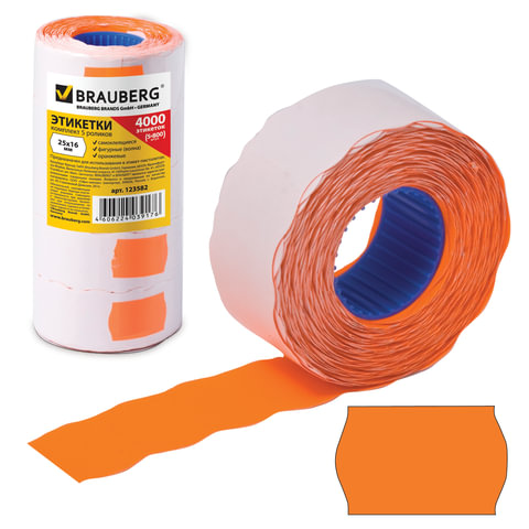 Этикет-лента 26х16 мм, волна, оранжевая, 1 рулон по 800 шт., BRAUBERG, 123582