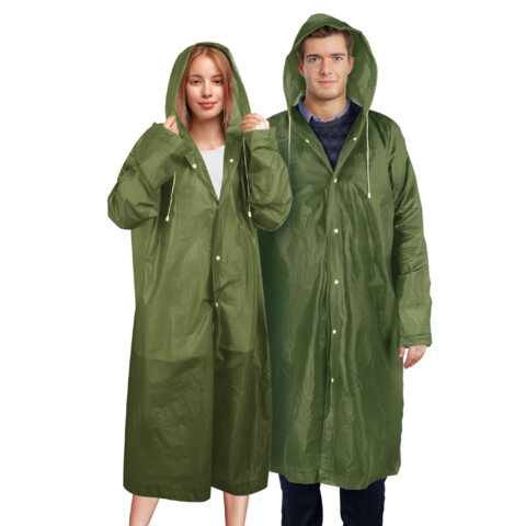 Дождевик плащ зеленый на кнопках, EVA, многоразовый прочный, чехол в комплекте, универсальный размер