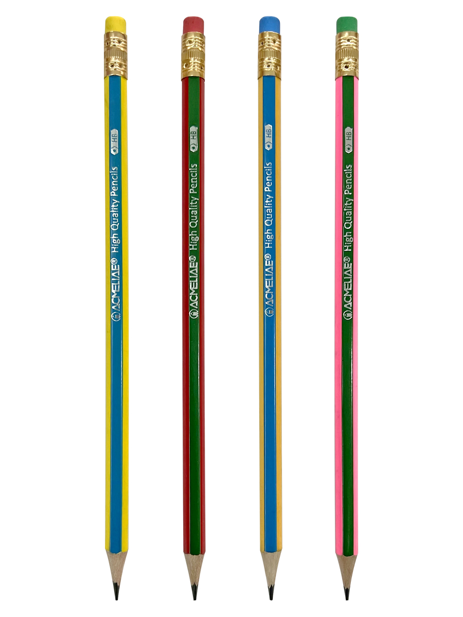 Карандаш чернографитный ACMELIAE HB, с ластиком шестигранный, корпус 2-х цветный, 4 цвета корпуса