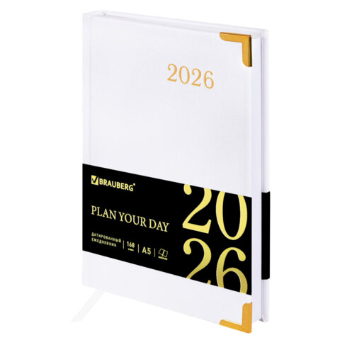 Ежедневник датированный 2026 А5 138x213мм BRAUBERG Senator, под кожу, белый, 117095