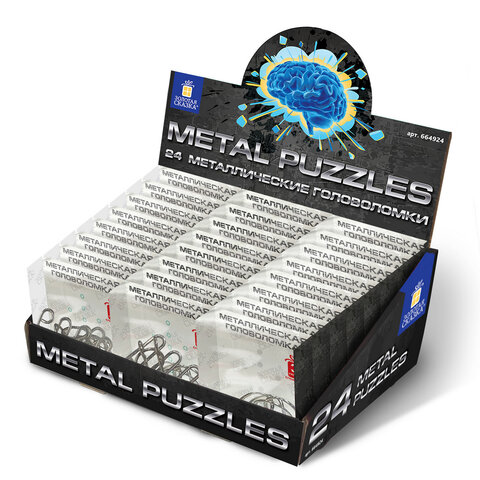 Головоломка металлическая большая ЗОЛОТАЯ СКАЗКА, 24 вида, в дисплее, разные уровни сложности, 66492