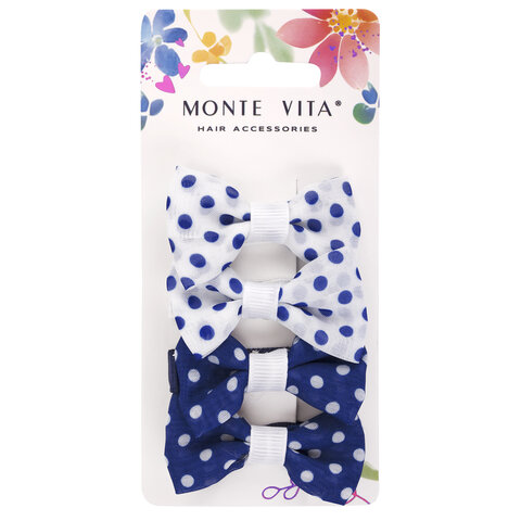 Заколки для волос НАБОР 4 шт., 5х2,5 см, зажим, с бантиком, синий, белый в горошек, MONTE VITA, 4571