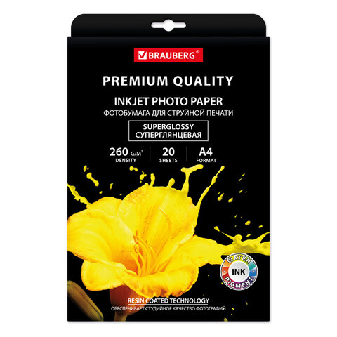 Фотобумага PREMIUM суперглянцевая, А4, 260 г/м2, односторонняя, 20 листов, BRAUBERG, 364004