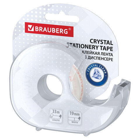 Клейкая лента канцелярская 19 мм х 33 м КРИСТАЛЬНАЯ, в диспенсере, BRAUBERG, 228760