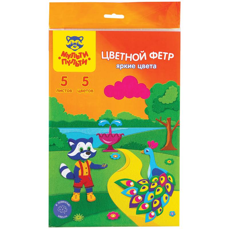 Цветной фетр Мульти-Пульти "Приключения Енота", флуоресцентные цвета, А4, 5л., 5цв., 2мм