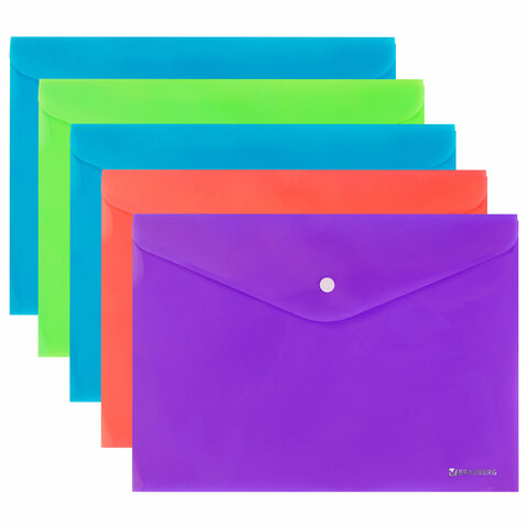 Папка-конверт с кнопкой А4, КОМПЛЕКТ 5 шт., яркие неоновые цвета ассорти, BRAUBERG "NEON", 272872