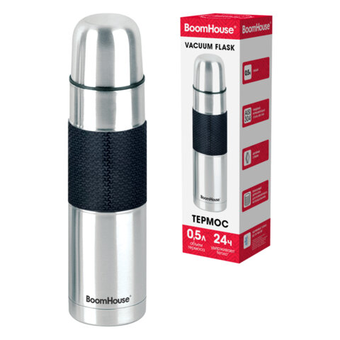 Термос 0,5 л, BOOMHOUSE (БумХаус) CLASSIC, нержавеющая сталь SUS304, черный силиконовый рукав, крышк