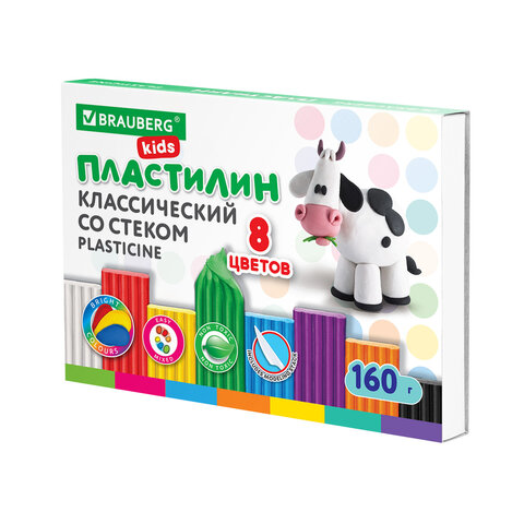 Пластилин классический BRAUBERG KIDS, 8 цветов, 160 г, со стеком, 106501