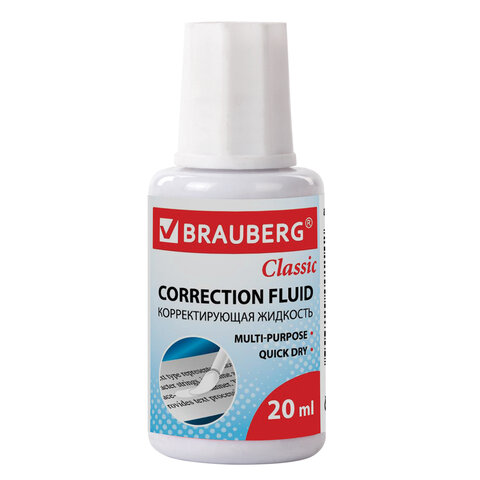 Корректирующая жидкость BRAUBERG "Classic", быстросохнущая, 20 мл, с кисточкой, 220255