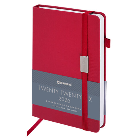 Ежедневник датированный 2026 А5 138x213мм BRAUBERG Control, под кожу, держатель для ручки, красный,