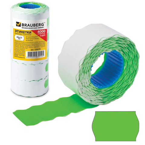 Этикет-лента 26х12 мм, волна, зеленая, 1 рулон по 800 шт., BRAUBERG, 123579