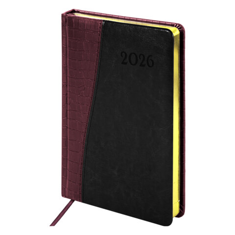 Ежедневник датированный 2026 А5 138x213мм BRAUBERG Cayman, под кожу, бордовый/черный, 117046