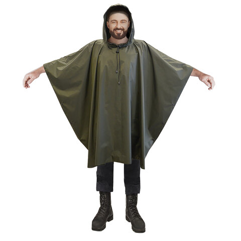 Дождевик-пончо хаки на кнопках многоразовый с ПВХ покрытием и мешком для хранения ГРАНДМАСТЕР, 61088