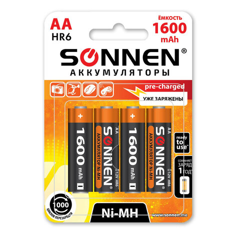 Батарейки аккумуляторные КОМПЛЕКТ 4 шт., АА (HR6), 1600 mAh, SONNEN Ni-Mh, в блистере, 455605
