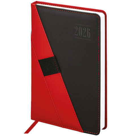 Ежедневник датированный 2026 А5 138х213мм BRAUBERG Swirl, под кожу, держатель для ручки, красный, 11