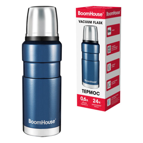 Термос 0,6 л, BOOMHOUSE (БумХаус) DARKBLUE, нержавеющая сталь SUS304, молотковая эмаль, крышка/кружк