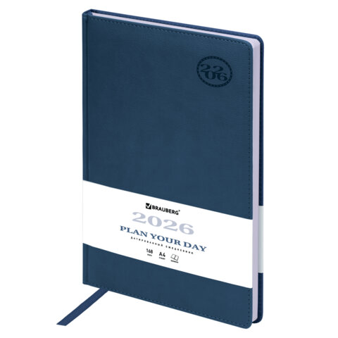 Ежедневник датированный 2026 БОЛЬШОЙ ФОРМАТ 210х297мм А4, BRAUBERG Favorite, под кожу, синий, 117241