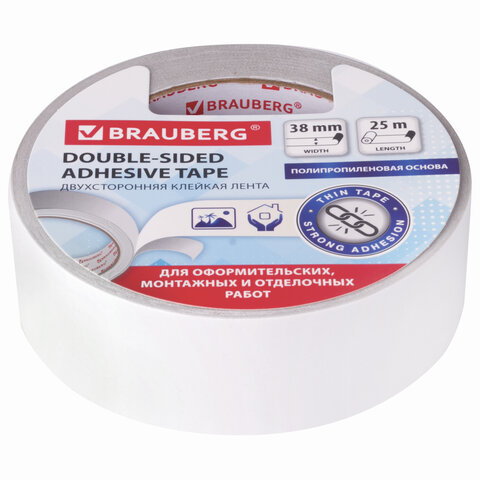 Клейкая двусторонняя лента 38 мм х 25 м, ТОНКАЯ ОСНОВА полипропилен, 90 микрон, BRAUBERG, 606426