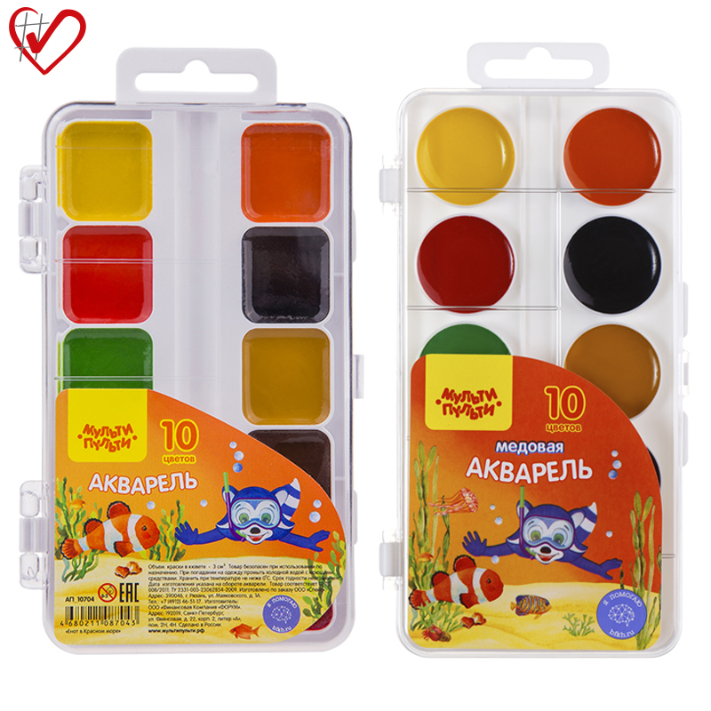 Акварель Мульти-Пульти "Енот в Красном море", медовая, 10 цветов, без кисти, пластик, европодвес