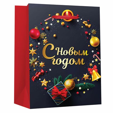 Пакет подарочный новогодний 11,4x6,4x14,6 см ЗОЛОТАЯ СКАЗКА "New Year" фольга, чёрный/красный, 60822