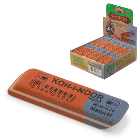 Ластик KOH-I-NOOR 6521/80, 57x14x8 мм, красно-синий, прямоугольный, скошенные края, натуральный кауч